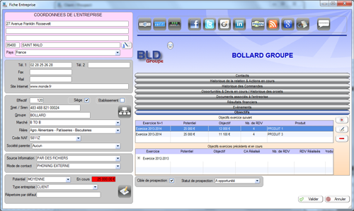 Fiche entreprise avec menu Objectifs