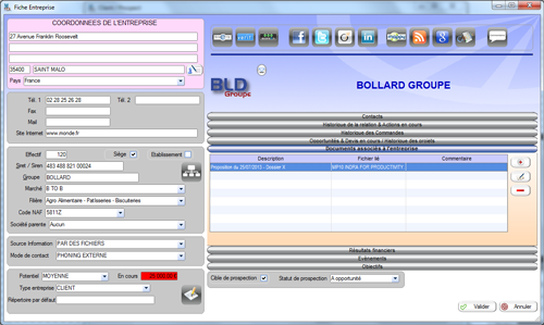 Fiche entreprise avec menu documents