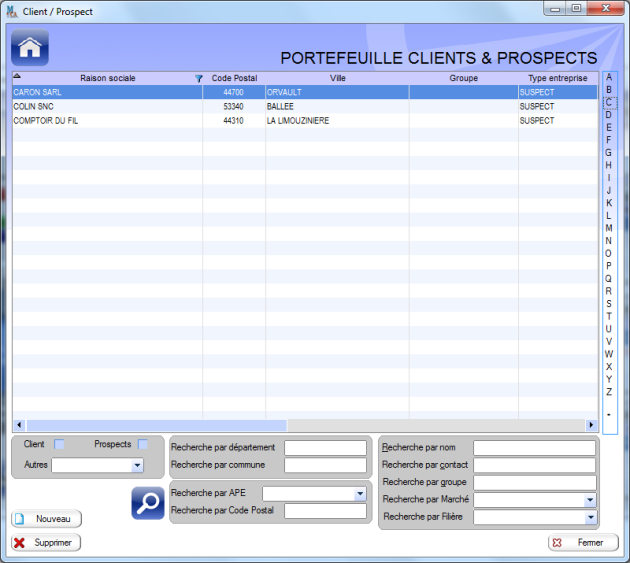 Portefeuille clients prospect limité aux C
