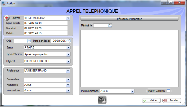 Fenêtre Action de type Téléphone