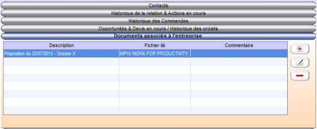 Zoom sur le menu Documents Associés de la fiche Entreprise