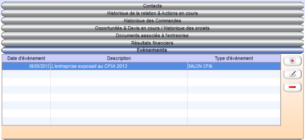 Zoom sur le menu Événements de la fiche Entreprise