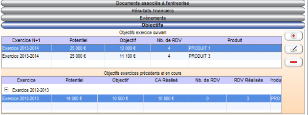 Zoom sur le menu OBJECTIFS de la fiche Entreprise